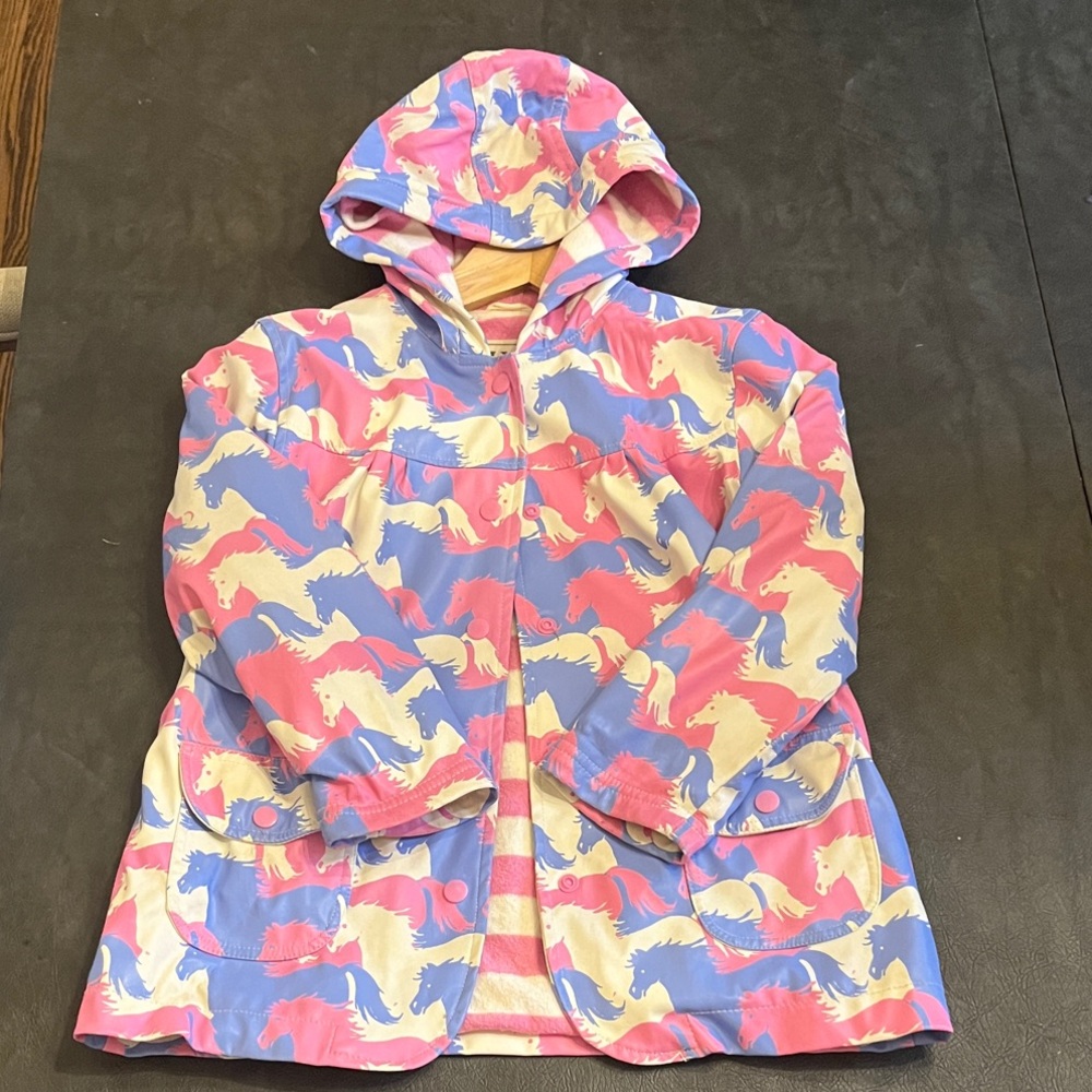 Hatley Kids Horse Raincoat size 6 Pink, Blue, and Cream